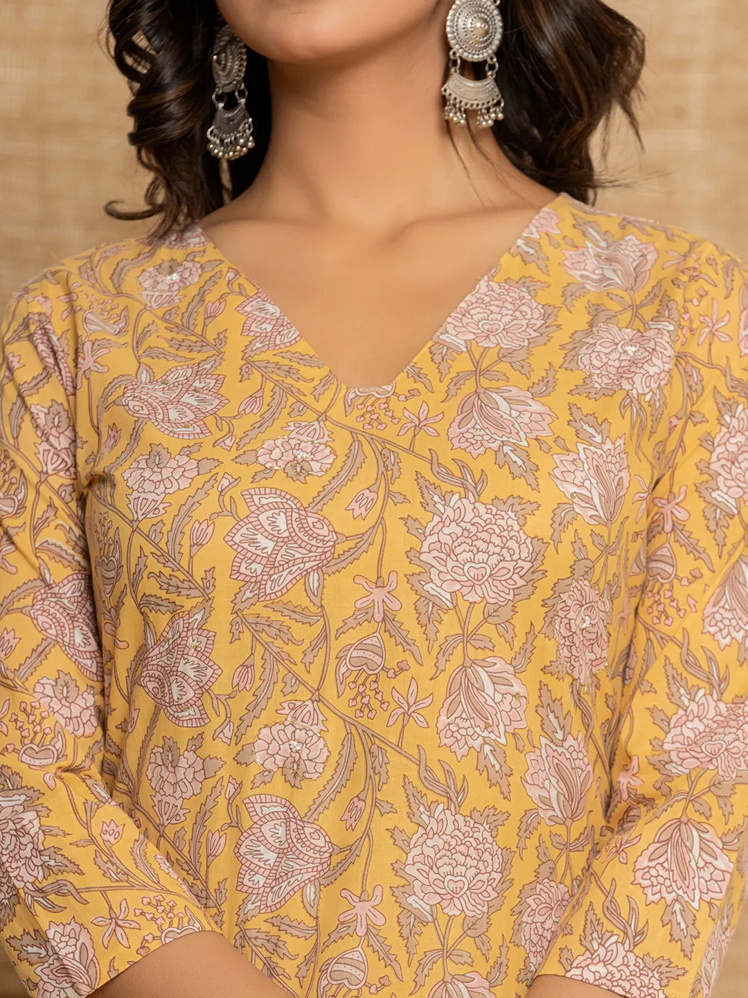 Yufta Yellow Floral Print Cotton Straight Style Kurta And Dhoti Pants With Dupatta Set
