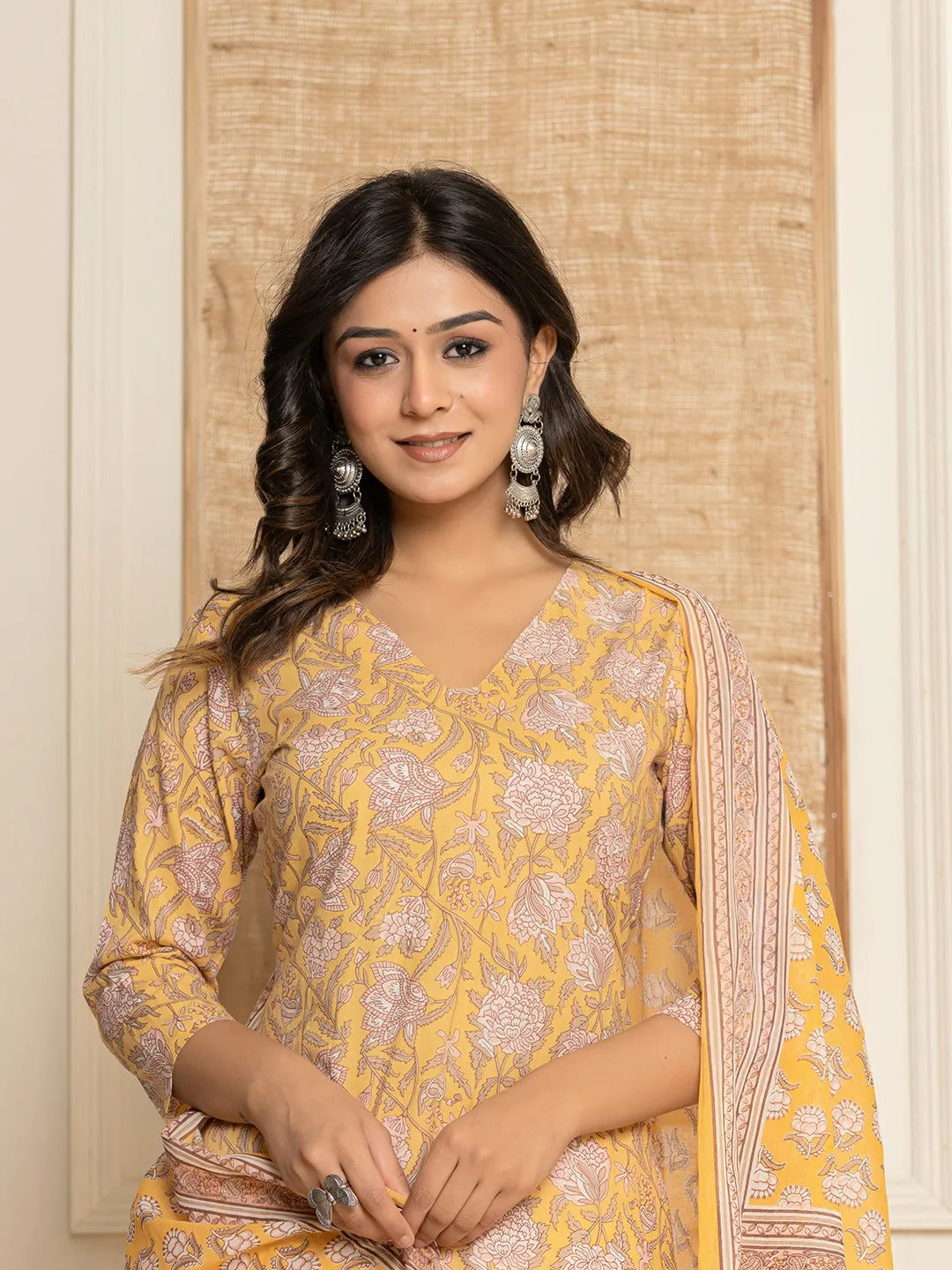Yufta Yellow Floral Print Cotton Straight Style Kurta And Dhoti Pants With Dupatta Set