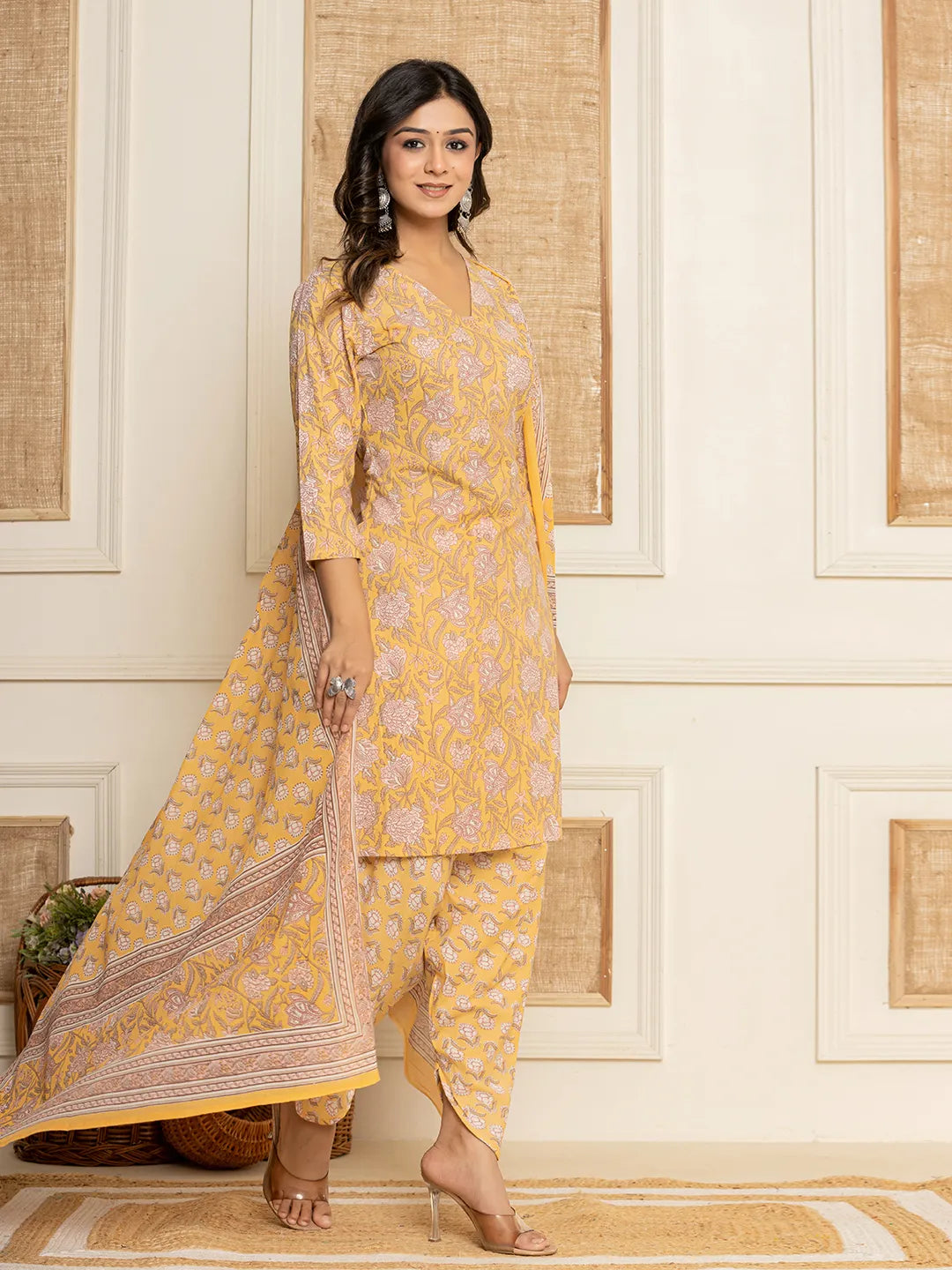 Yufta Yellow Floral Print Cotton Straight Style Kurta And Dhoti Pants With Dupatta Set