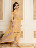 Thumbnail for Yufta Yellow Floral Print Cotton Straight Style Kurta And Dhoti Pants With Dupatta Set