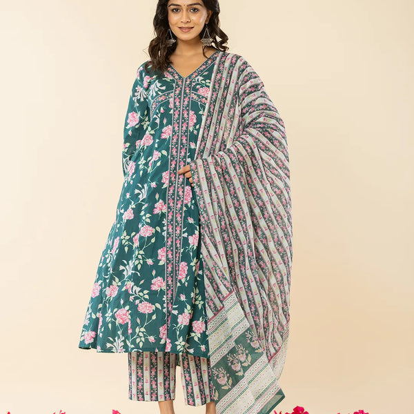 Yufta Cotton Green Sequins_Work Anarkali Kurta Dupatta Set - Distacart