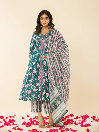 Yufta Cotton Green Sequins_Work Anarkali Kurta Dupatta Set - Distacart