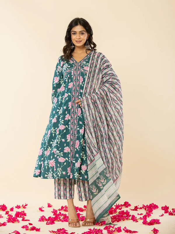 Yufta Cotton Green Sequins_Work Anarkali Kurta Dupatta Set
