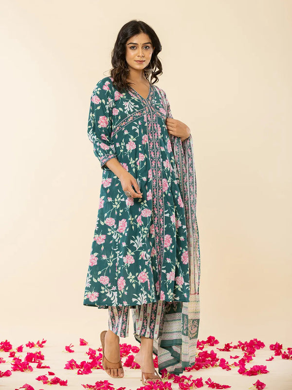Yufta Cotton Green Sequins_Work Anarkali Kurta Dupatta Set