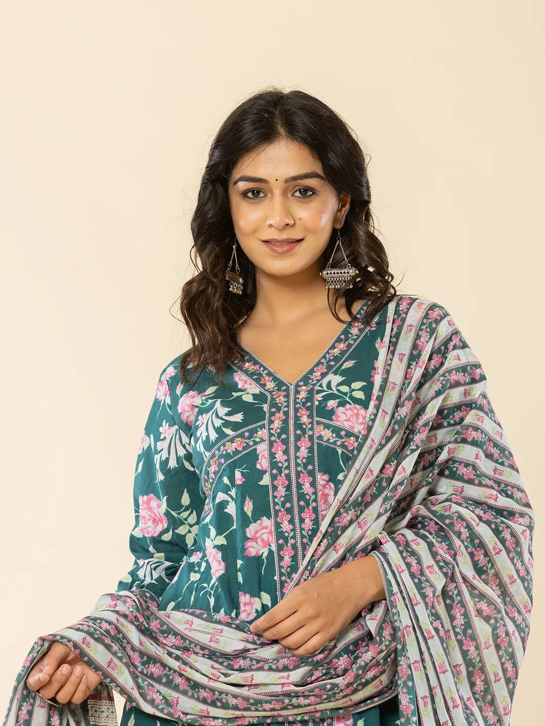Yufta Cotton Green Sequins_Work Anarkali Kurta Dupatta Set