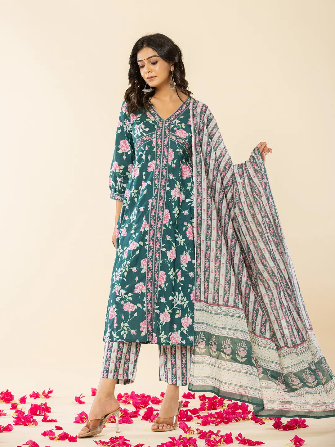 Yufta Cotton Green Sequins_Work Anarkali Kurta Dupatta Set