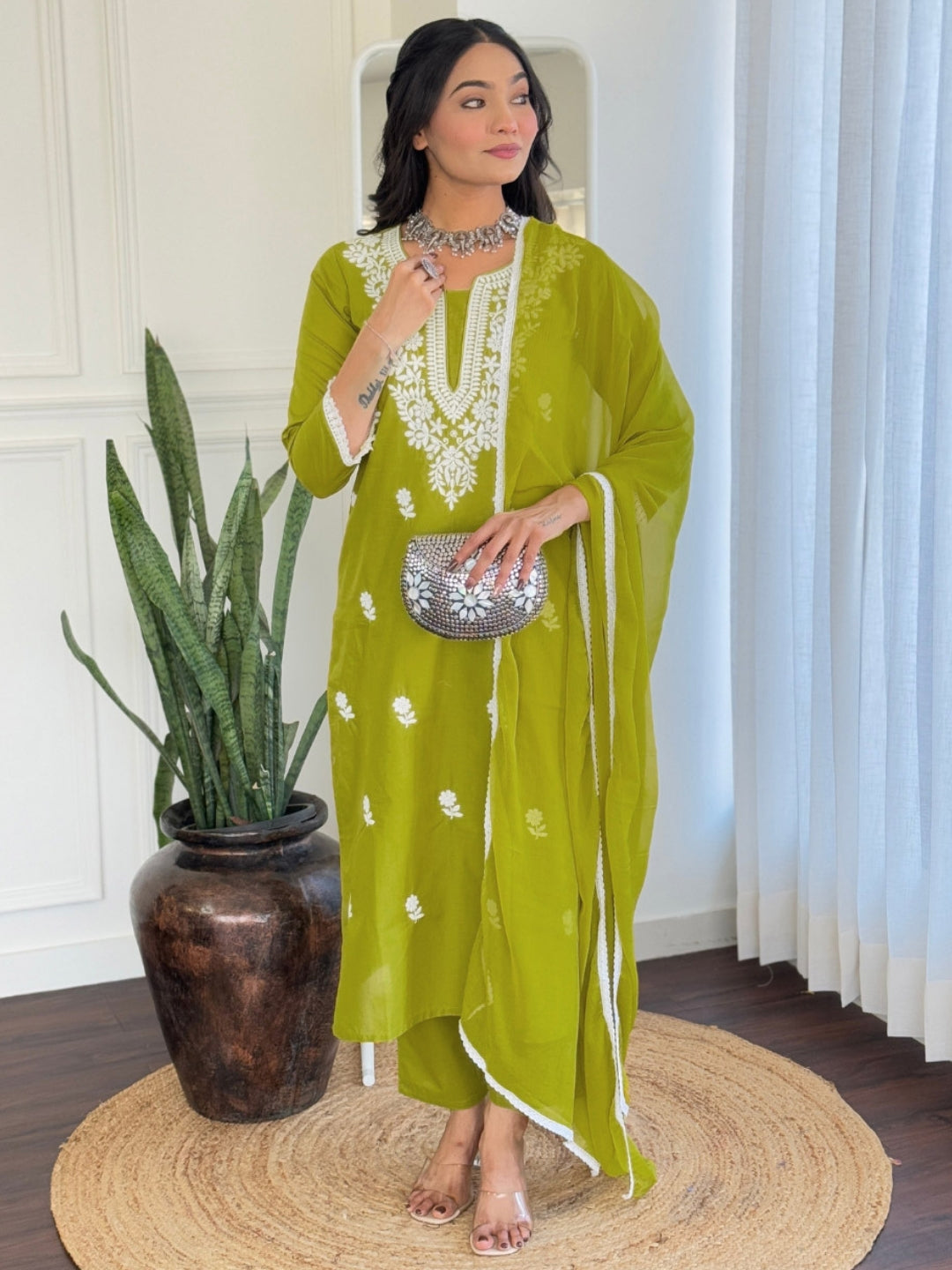 The52 Chikankari Work with Pure Cotton Fabric Straight Kurta, Pant and Dupatta Set