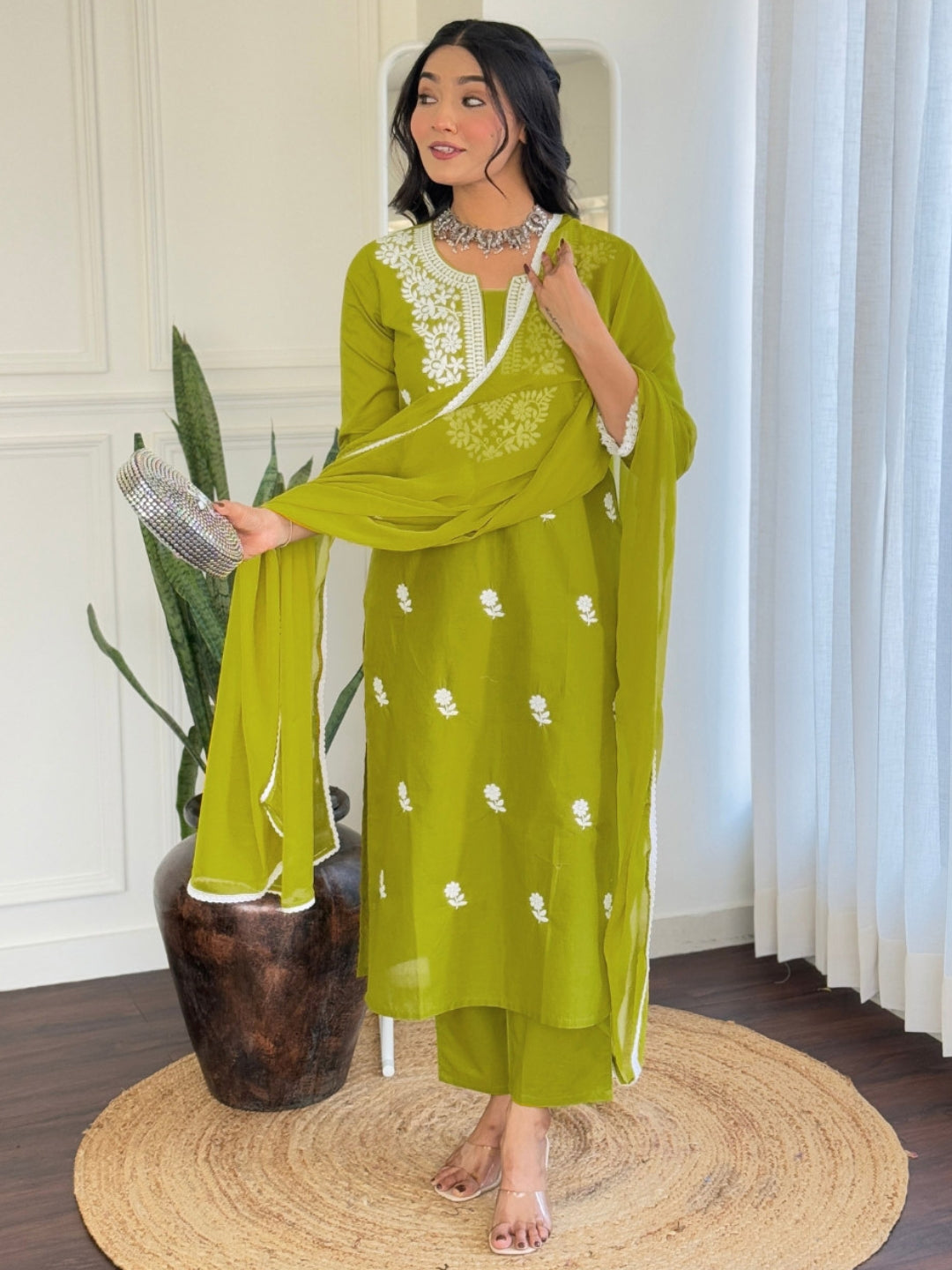 The52 Chikankari Work with Pure Cotton Fabric Straight Kurta, Pant and Dupatta Set
