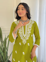 Thumbnail for The52 Chikankari Work with Pure Cotton Fabric Straight Kurta, Pant and Dupatta Set
