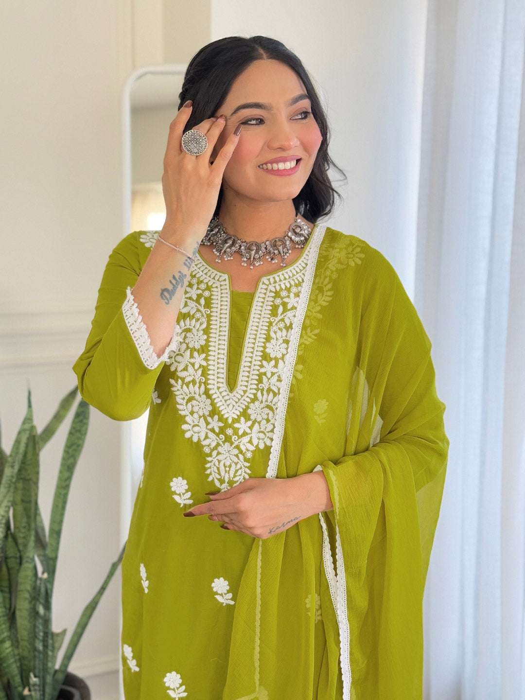 The52 Chikankari Work with Pure Cotton Fabric Straight Kurta, Pant and Dupatta Set