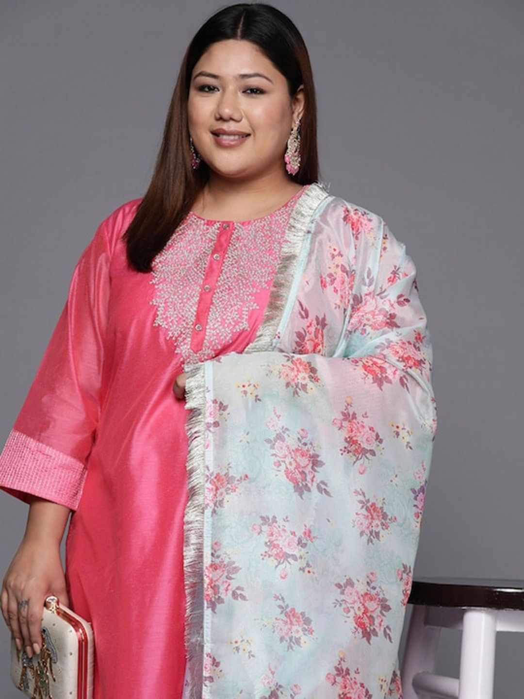 Sztori Plus Size Ethnic Yoke Design Regular Chanderi Silk Kurta & Trousers With Dupatta - Distacart