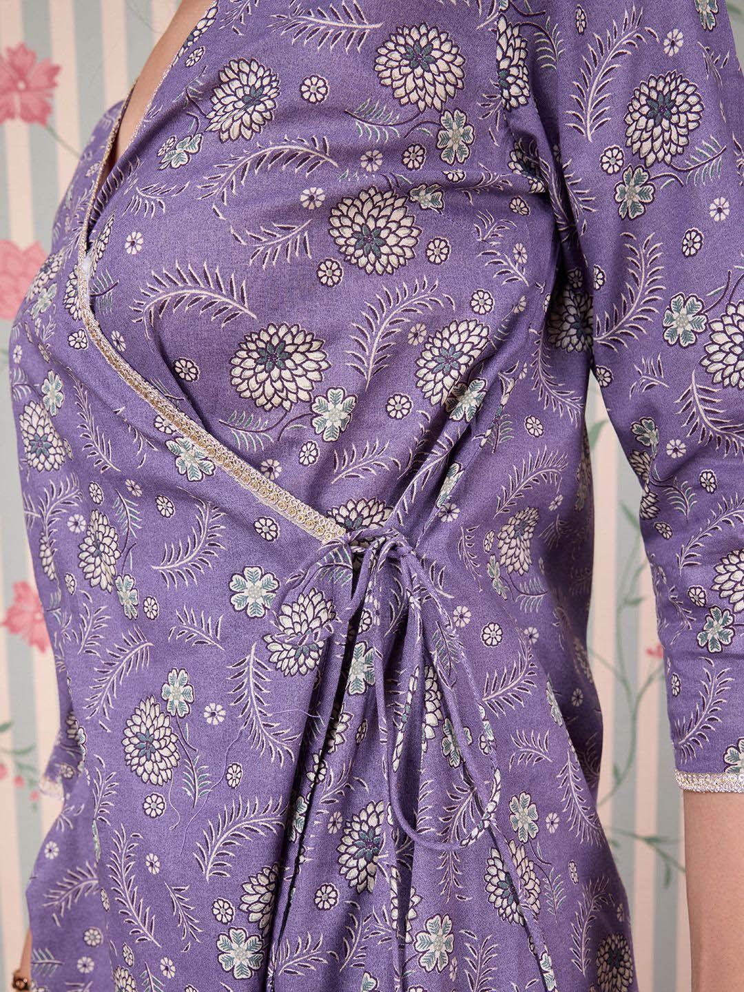 Ode by House of Pataudi Floral Printed Angrakha Gotta Patti Pure Cotton Kurta Set - Distacart