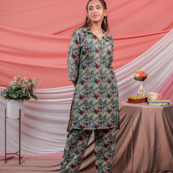Yufta Cotton Digital Printed Blue Workwear Kurta Co Ord Set With Pintuck Detailing - Distacart