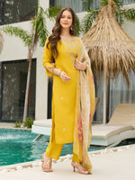 Thumbnail for The52 Women's Viscose Embroidery work Straight Kurta with Pant and Dupatta Set