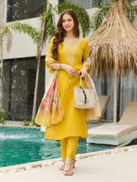 Thumbnail for The52 Women's Viscose Embroidery work Straight Kurta with Pant and Dupatta Set