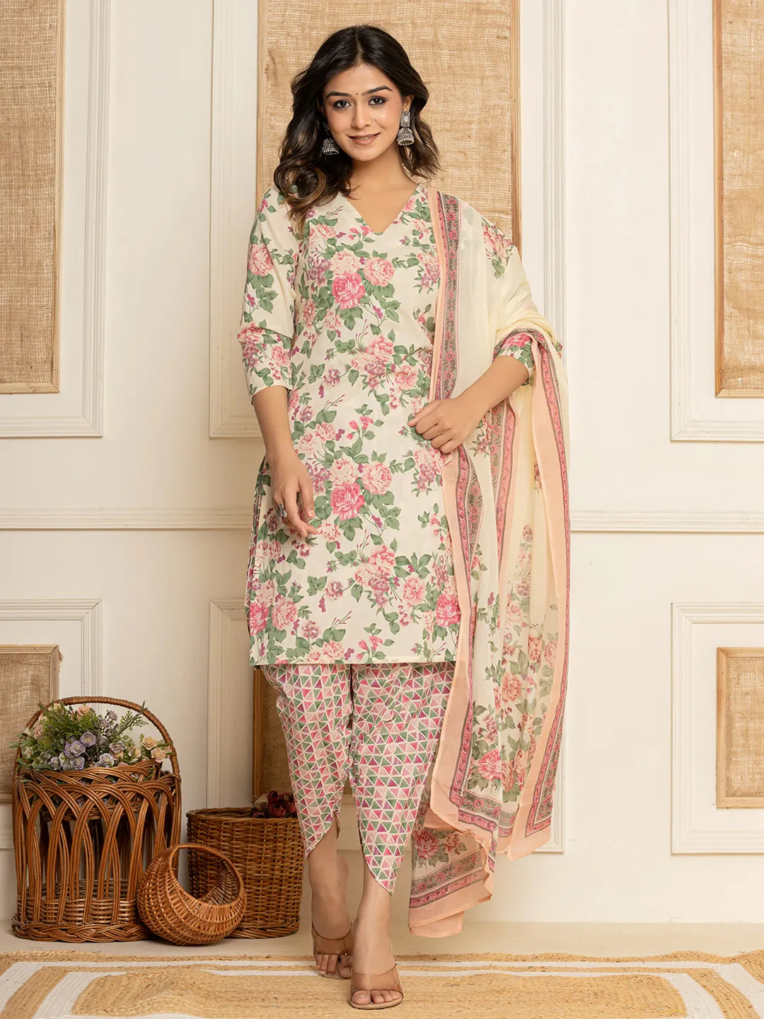 Yufta Cream Floral Print Cotton Straight Style Kurta And Dhoti Pants With Dupatta Set - Distacart