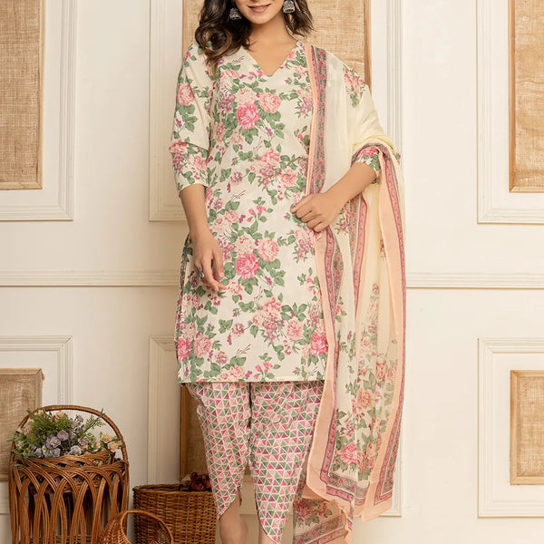 Yufta Cream Floral Print Cotton Straight Style Kurta And Dhoti Pants With Dupatta Set - Distacart