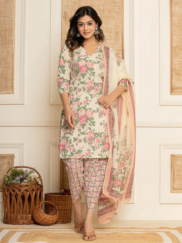 Yufta Cream Floral Print Cotton Straight Style Kurta And Dhoti Pants With Dupatta Set