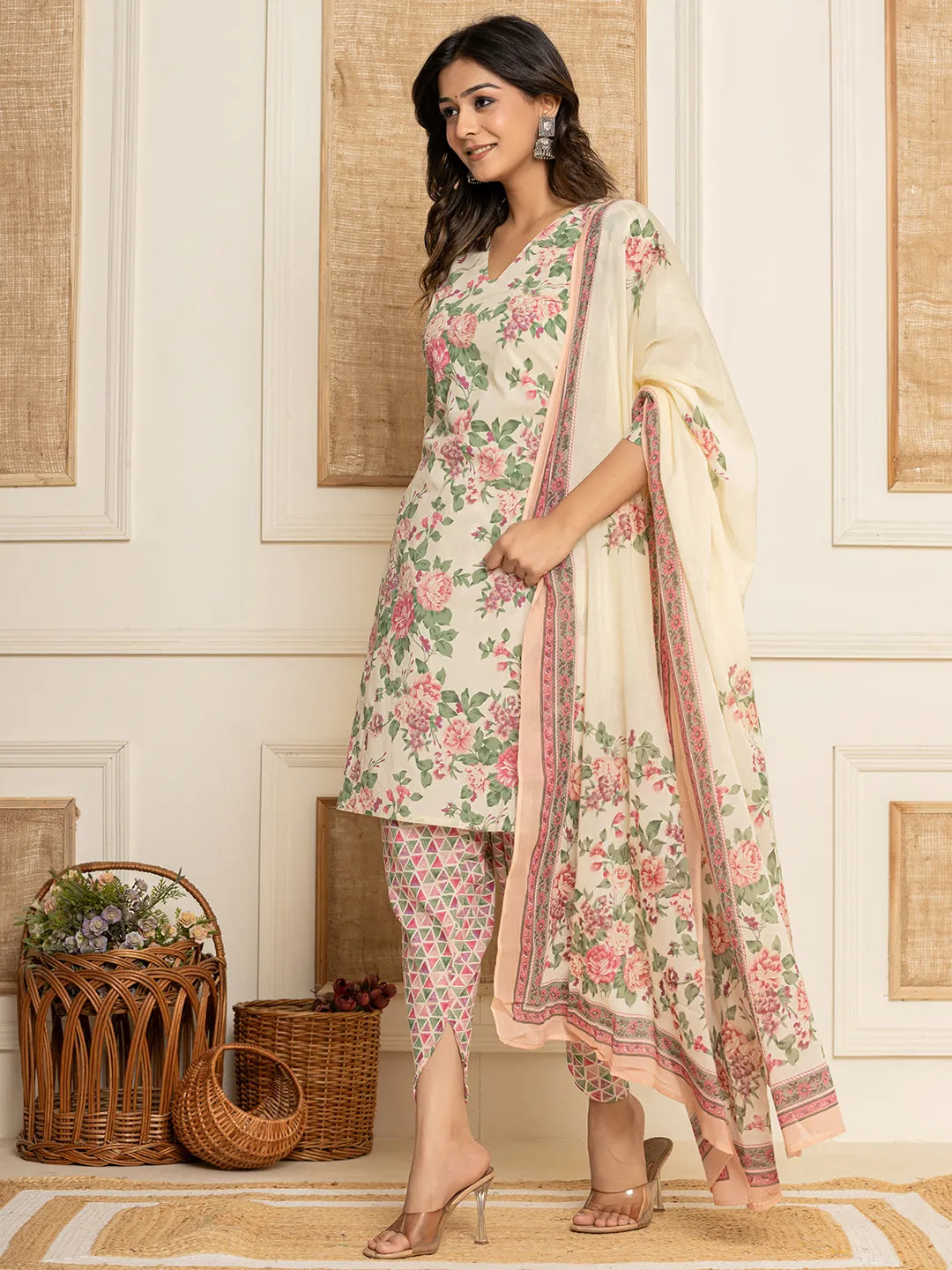 Yufta Cream Floral Print Cotton Straight Style Kurta And Dhoti Pants With Dupatta Set - Distacart