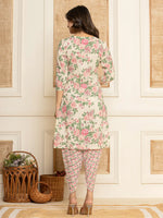 Thumbnail for Yufta Cream Floral Print Cotton Straight Style Kurta And Dhoti Pants With Dupatta Set