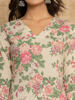 Thumbnail for Yufta Cream Floral Print Cotton Straight Style Kurta And Dhoti Pants With Dupatta Set