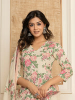 Thumbnail for Yufta Cream Floral Print Cotton Straight Style Kurta And Dhoti Pants With Dupatta Set