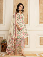 Thumbnail for Yufta Cream Floral Print Cotton Straight Style Kurta And Dhoti Pants With Dupatta Set