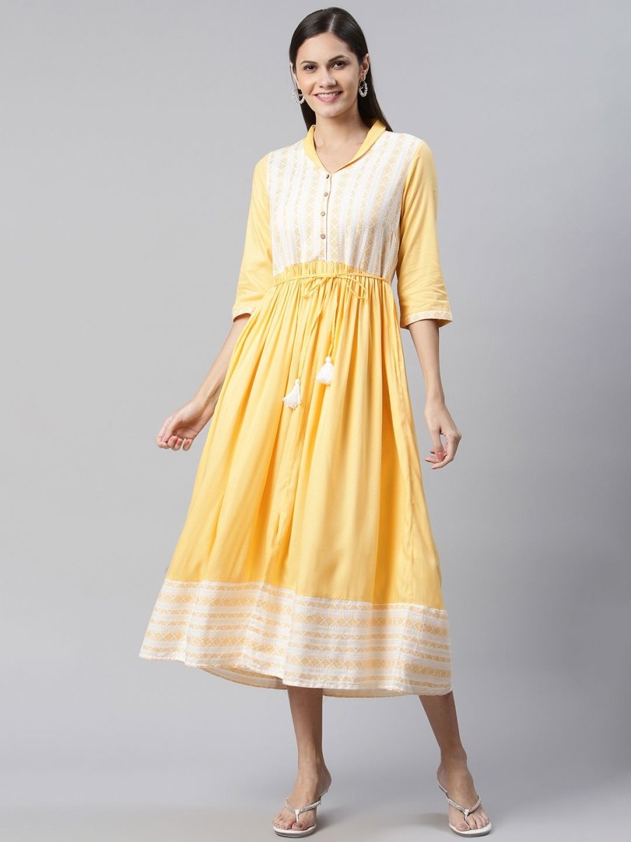 AURELIA Yellow & White Yoke Design Cotton Maxi Ethnic Dress - Distacart