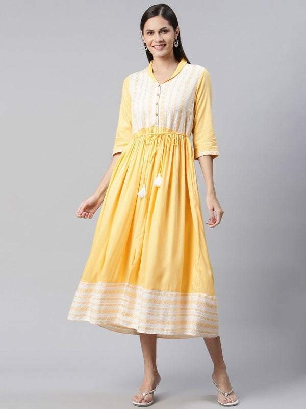 AURELIA Yellow & White Yoke Design Cotton Maxi Ethnic Dress