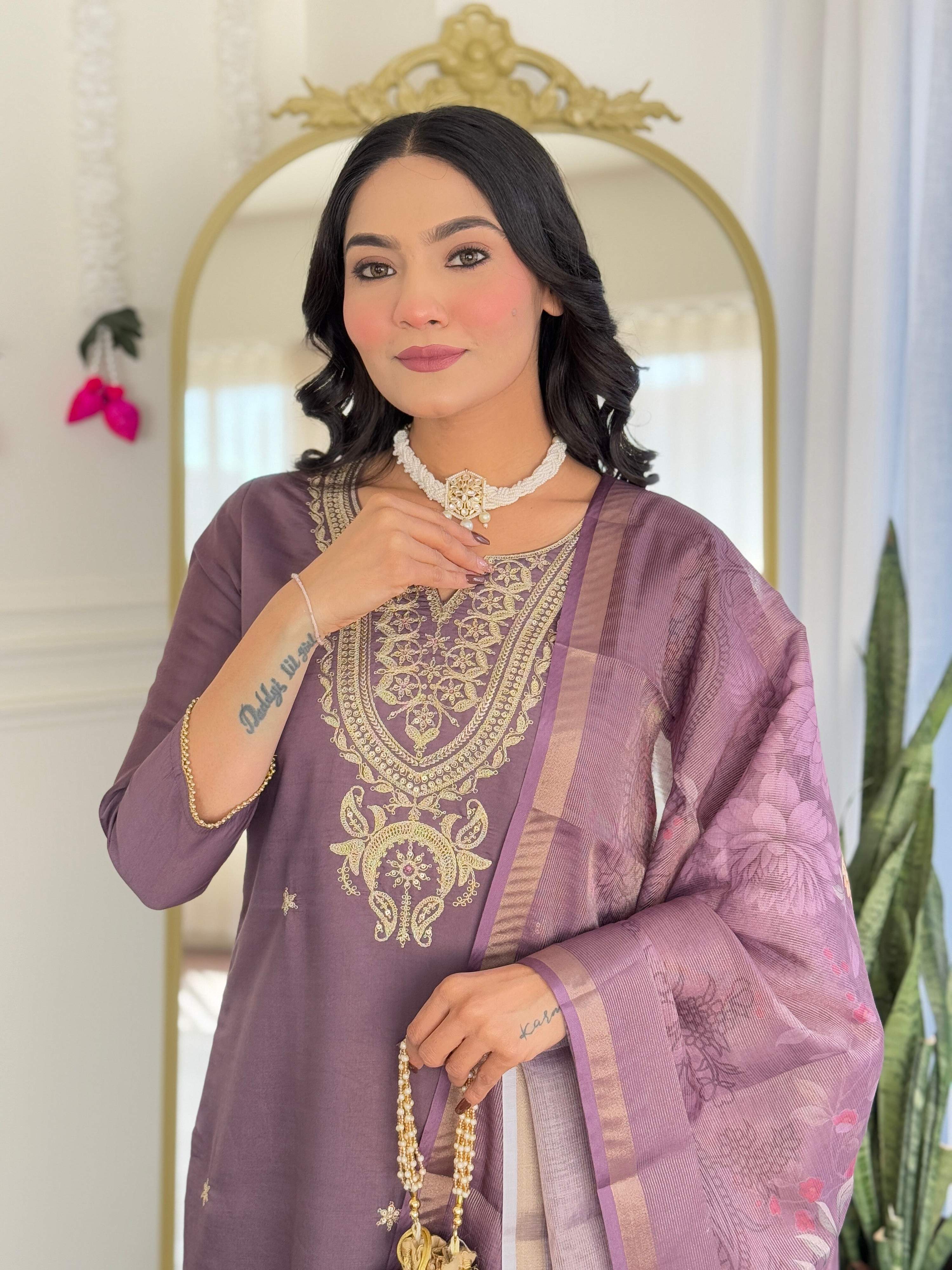 The52 Women's Gorgeous Viscose Embroidery work Straight Kurta with Pant and Dupatta Set