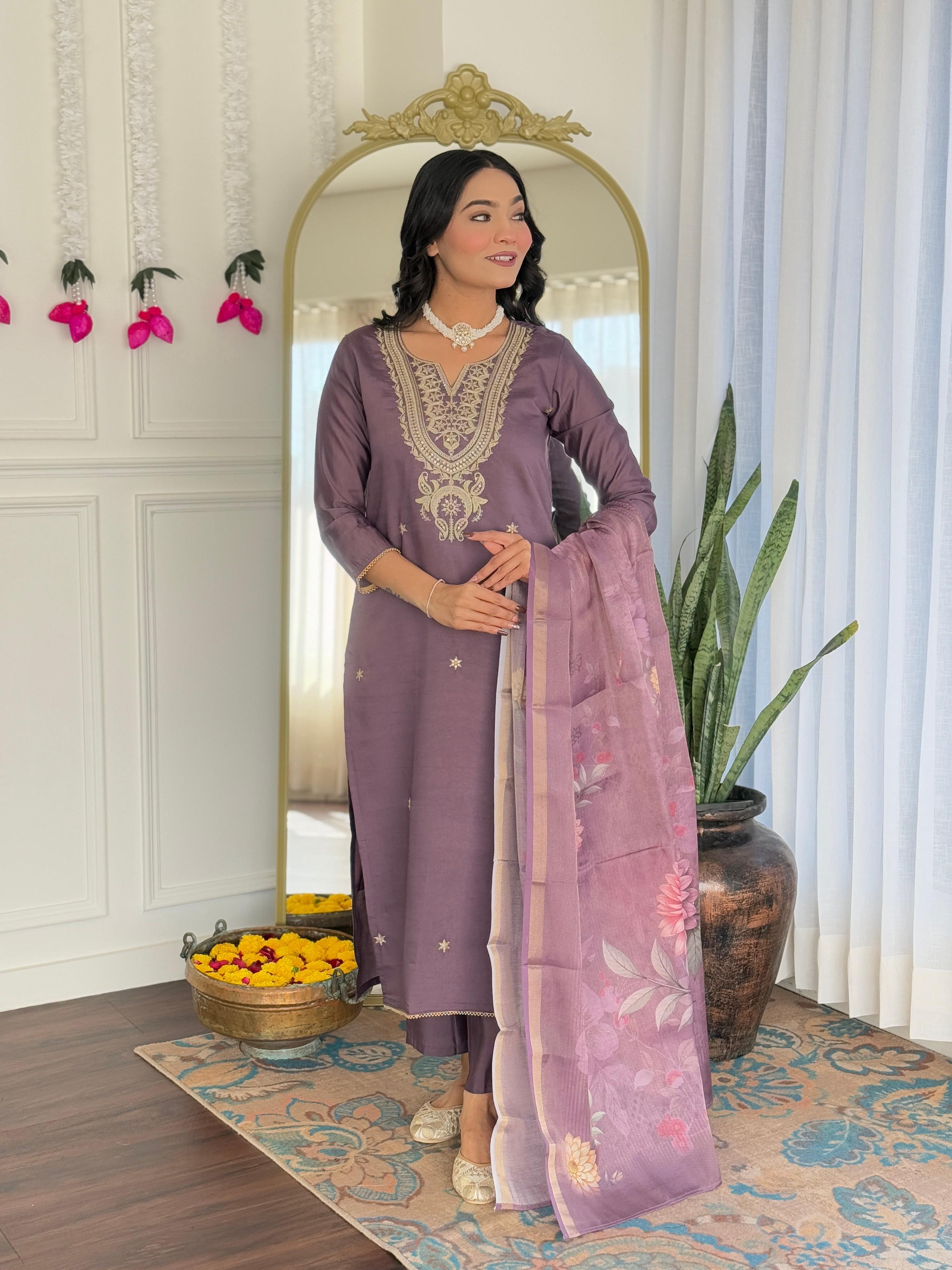 The52 Women's Gorgeous Viscose Embroidery work Straight Kurta with Pant and Dupatta Set