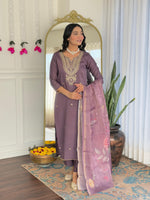 Thumbnail for The52 Women's Gorgeous Viscose Embroidery work Straight Kurta with Pant and Dupatta Set