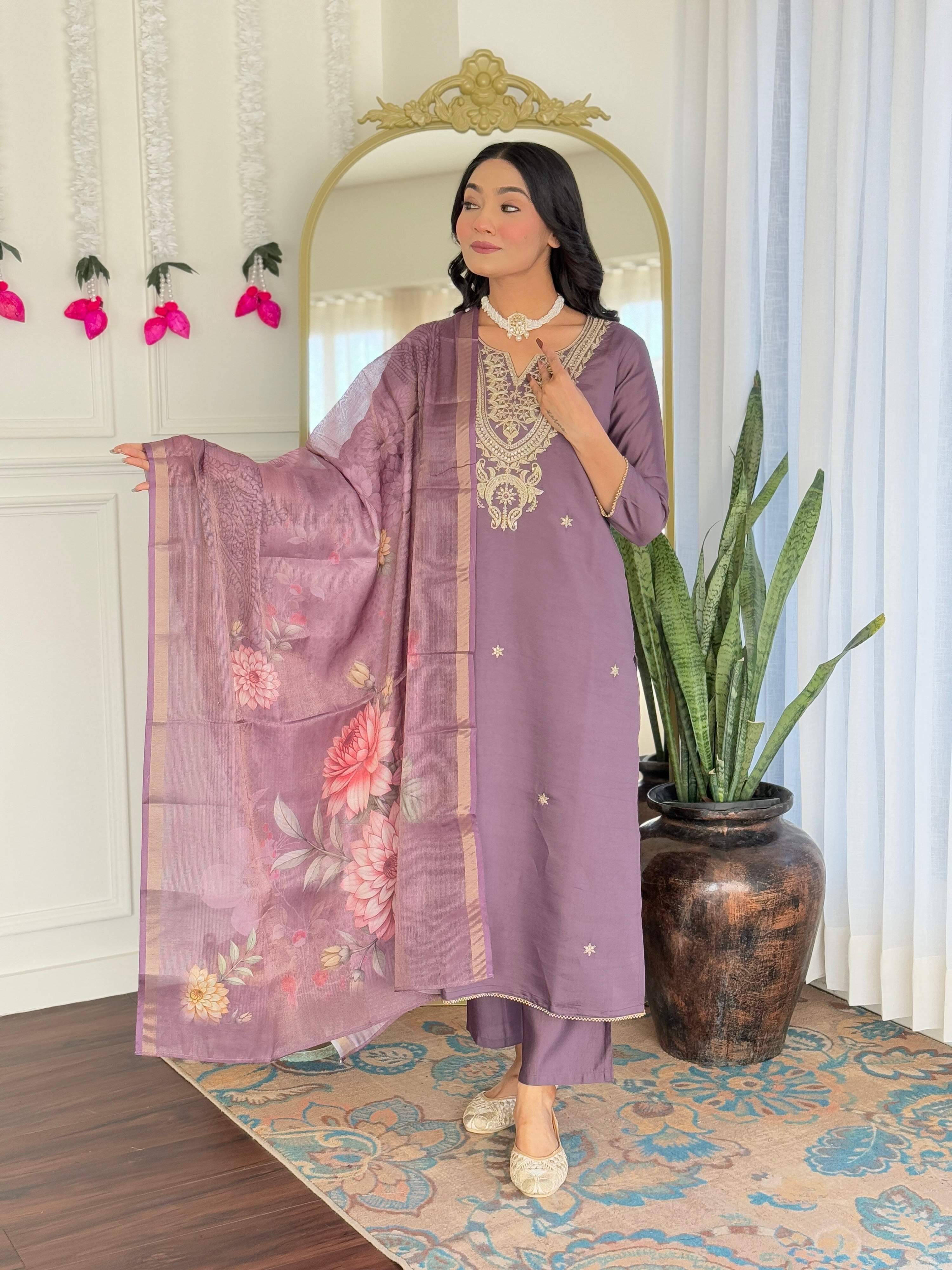 The52 Women's Gorgeous Viscose Embroidery work Straight Kurta with Pant and Dupatta Set