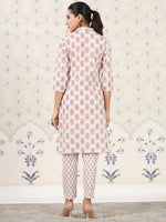 Thumbnail for Ode by House of Pataudi Ethnic Motifs Printed Band Collar Pure Cotton Kurta with Trousers - Distacart