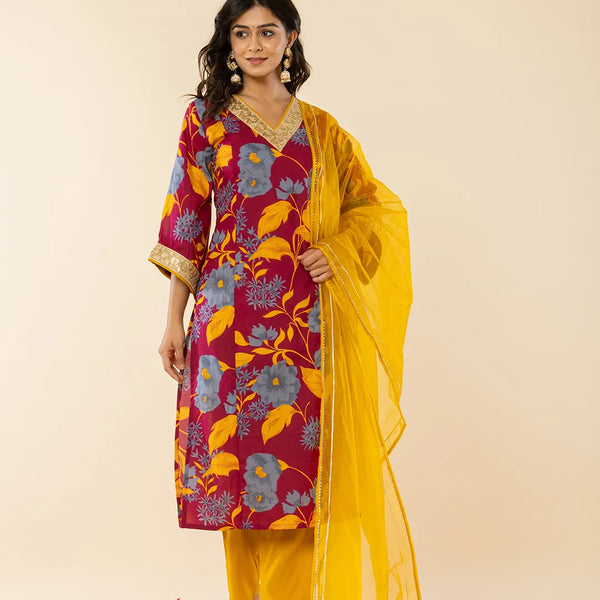 Yufta Cotton Burgundy Kurta Pant Dupatta Set - Distacart