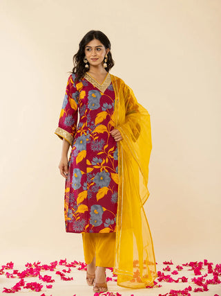 Yufta Cotton Burgundy Kurta Pant Dupatta Set - Distacart