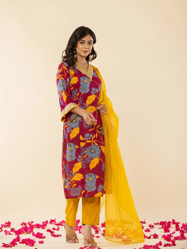 Yufta Cotton Burgundy Kurta Pant Dupatta Set