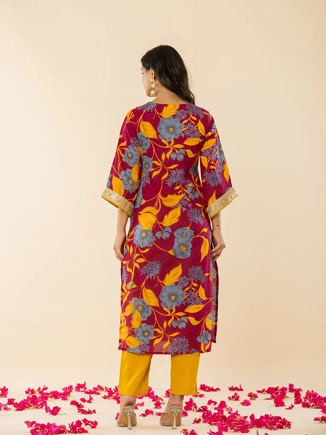 Yufta Cotton Burgundy Kurta Pant Dupatta Set