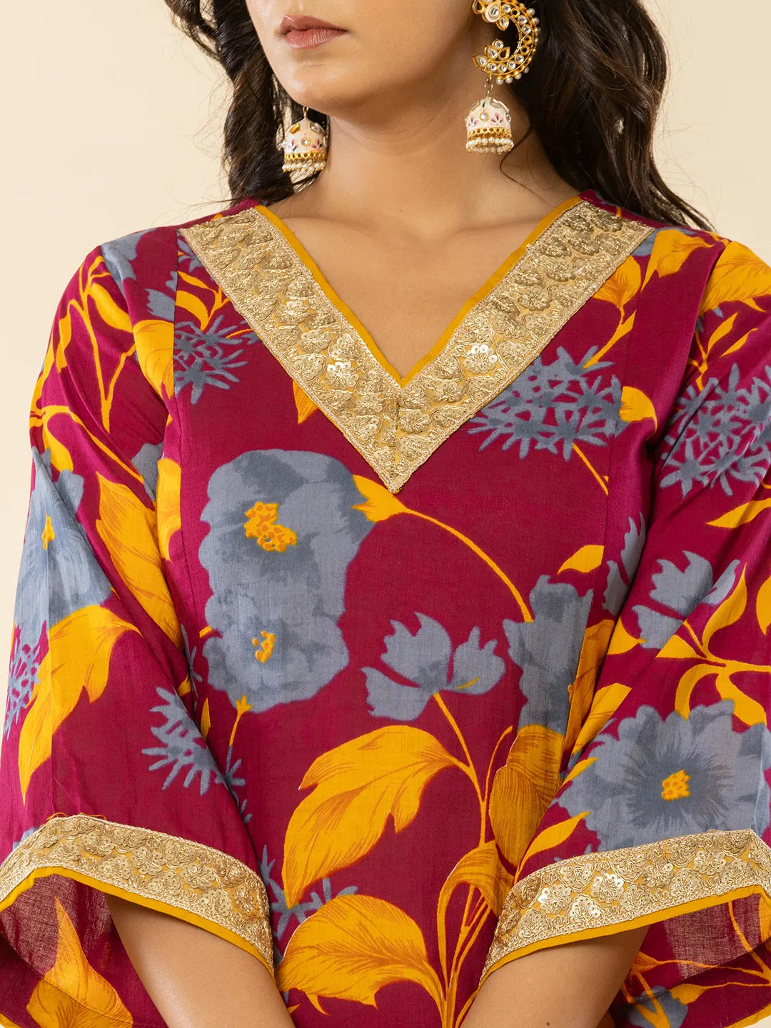 Yufta Cotton Burgundy Kurta Pant Dupatta Set
