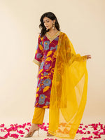 Thumbnail for Yufta Cotton Burgundy Kurta Pant Dupatta Set