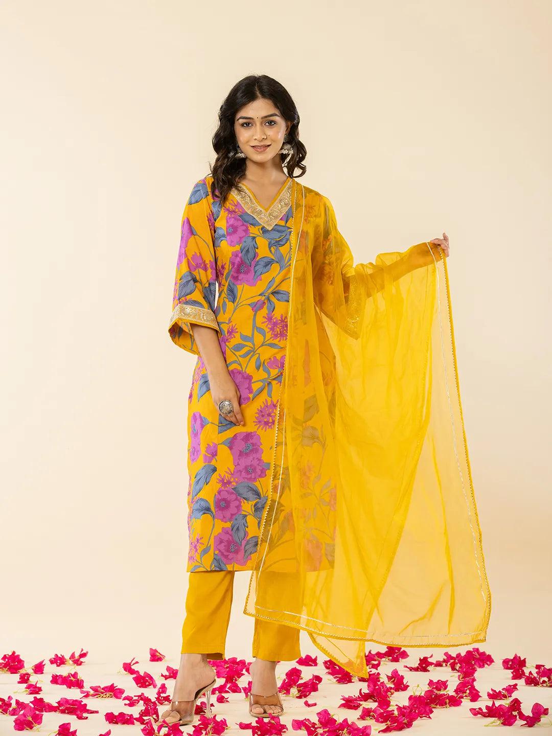 Yufta Cotton Mustard Kurta Pant Dupatta Set - Distacart