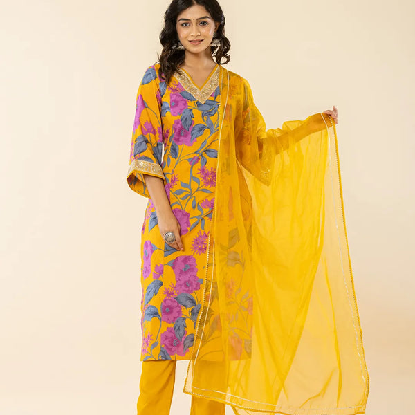 Yufta Cotton Mustard Kurta Pant Dupatta Set - Distacart