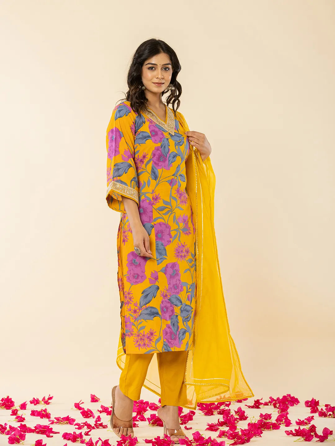 Yufta Cotton Mustard Kurta Pant Dupatta Set - Distacart