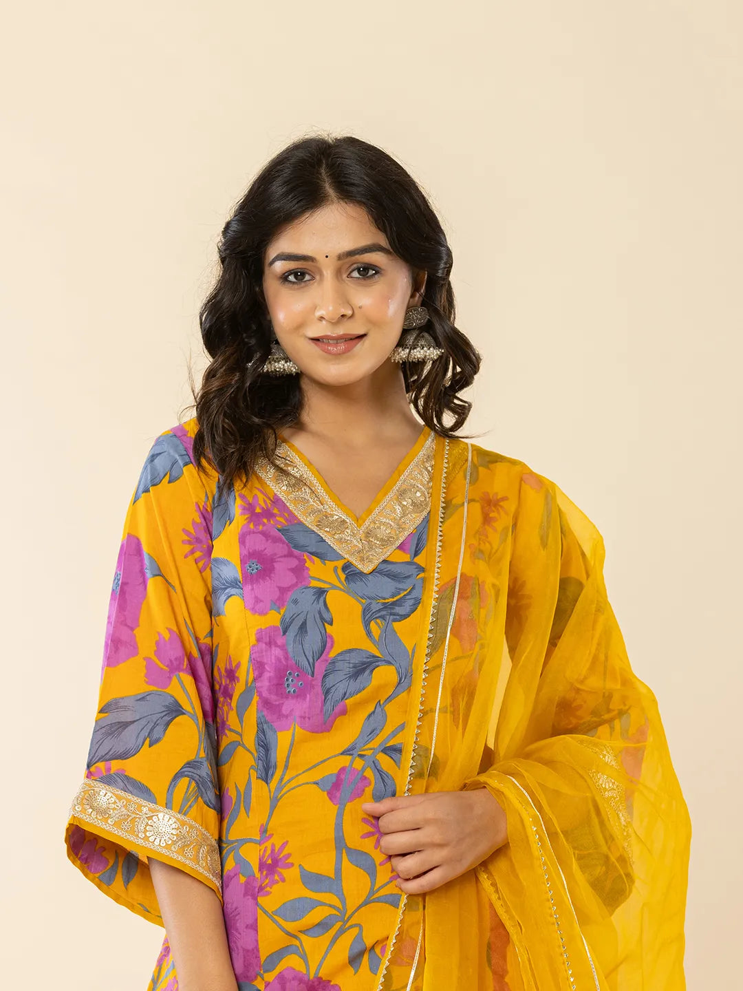 Yufta Cotton Mustard Kurta Pant Dupatta Set