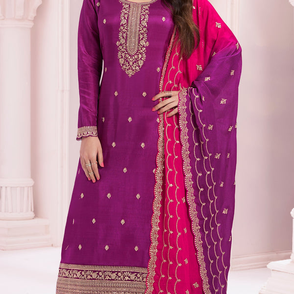 Anaita Purple Premium Embroidered Vichitra Silk Salwar Suit - Distacart
