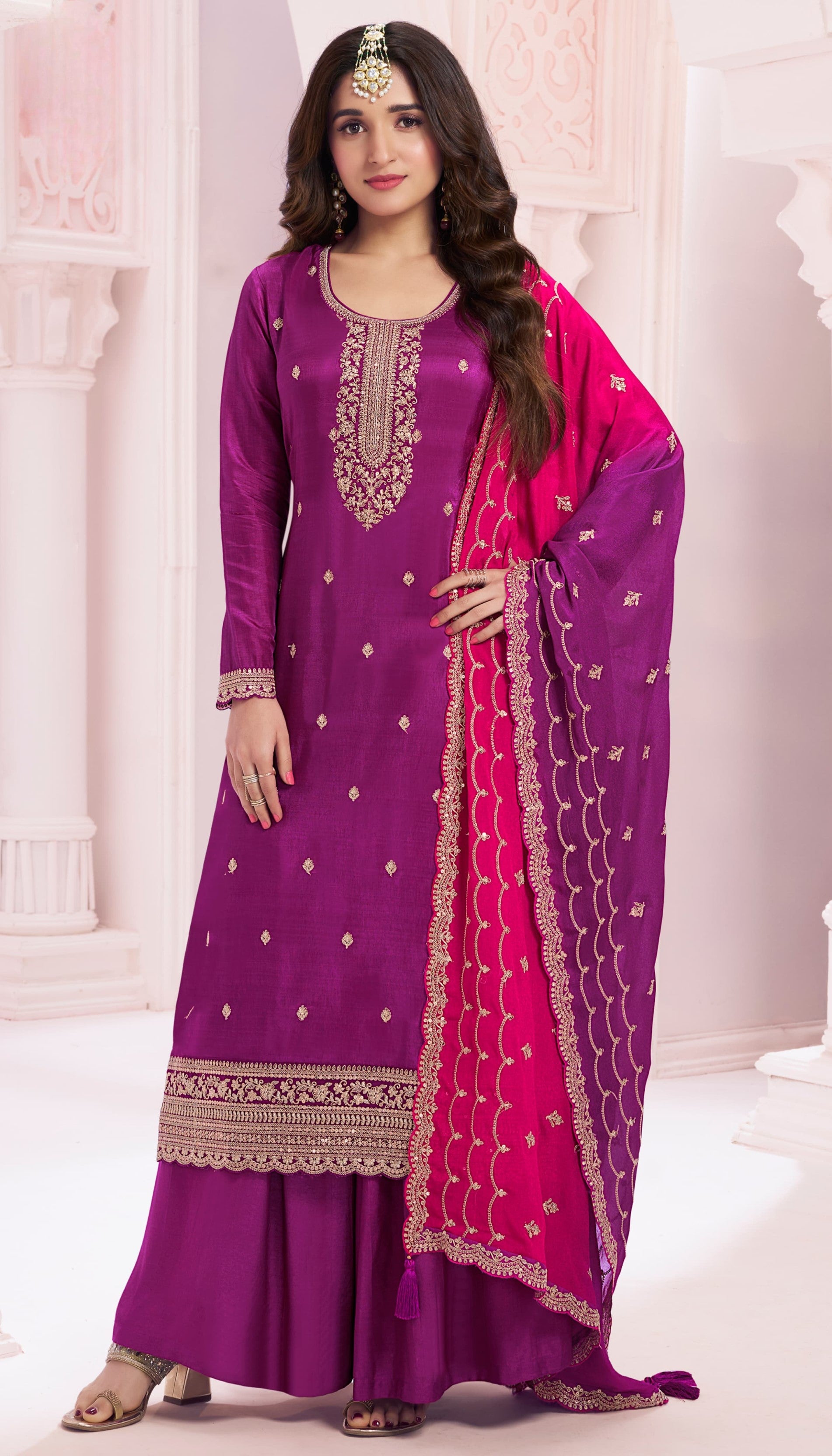 Anaita Purple Premium Embroidered Vichitra Silk Salwar Suit - Distacart