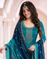 Thumbnail for Anaita Teal Blue Green Premium Embroidered Vichitra Silk Salwar Suit - Distacart
