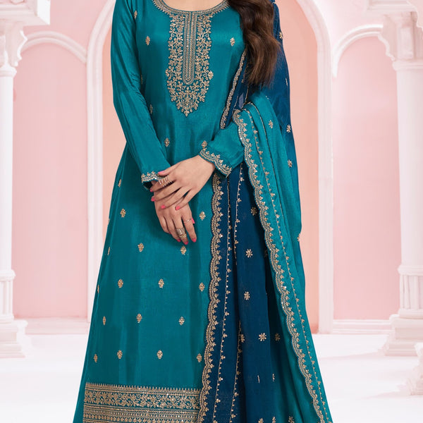 Anaita Teal Blue Green Premium Embroidered Vichitra Silk Salwar Suit - Distacart
