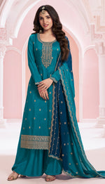 Thumbnail for Anaita Teal Blue Green Premium Embroidered Vichitra Silk Salwar Suit - Distacart
