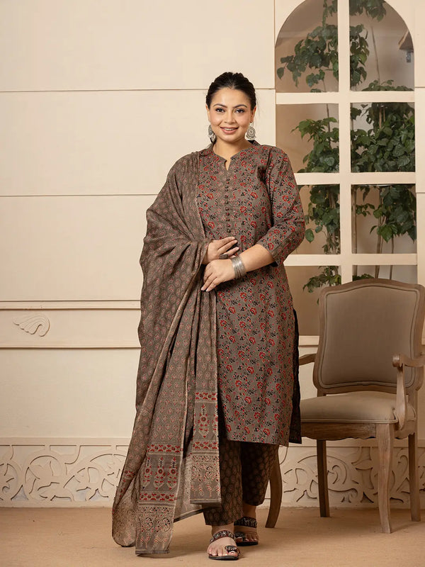 Yufta Cotton Grey Plus Size Kurta Dupatta Pant Set - Distacart